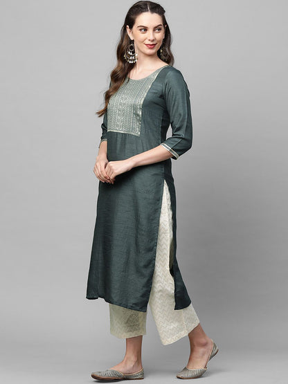 Indyancart IE Women Charcoal Grey Ethnic Motifs Yoke Design Straight Kurta