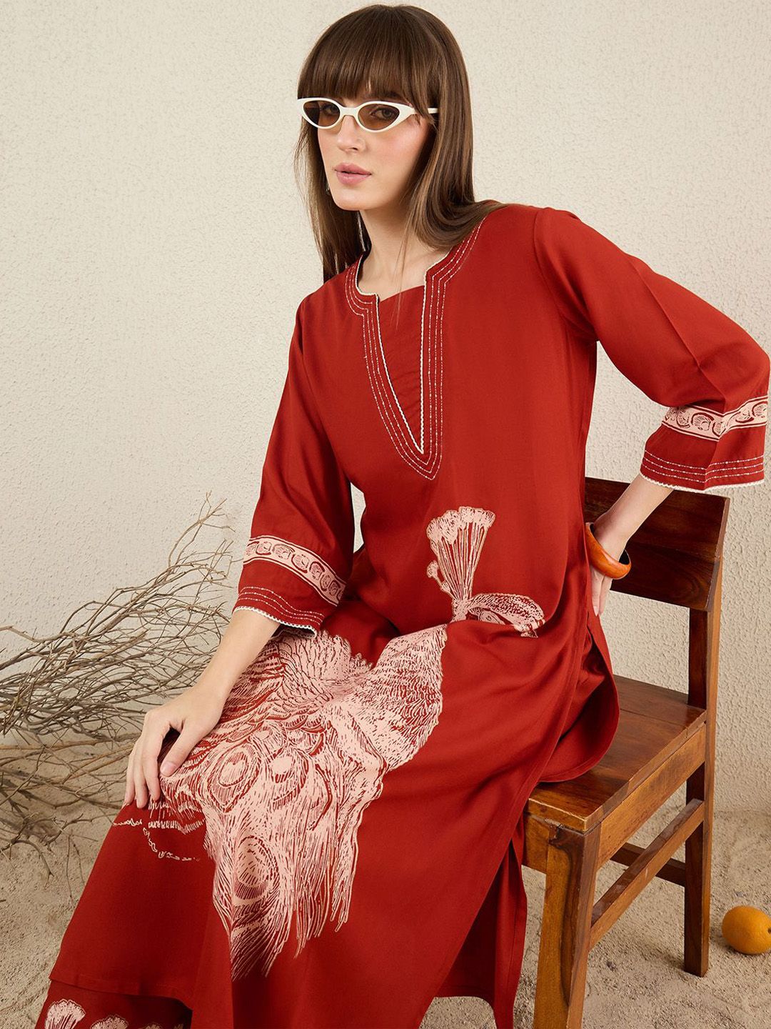 Women Ethnic Motifs Printed Regular Thread Work Kurta with Palazzos