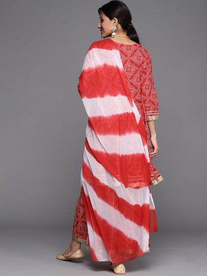 Indyancart VA Women's Red & White Bandhani Printed Anarkali Kurta with Sharara & With Dupatta