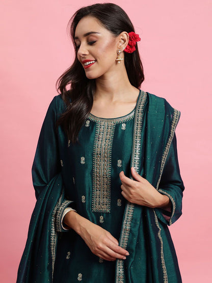Indyancart IE Embroidered Straight Sequinned Kurta with Trousers & Dupatta