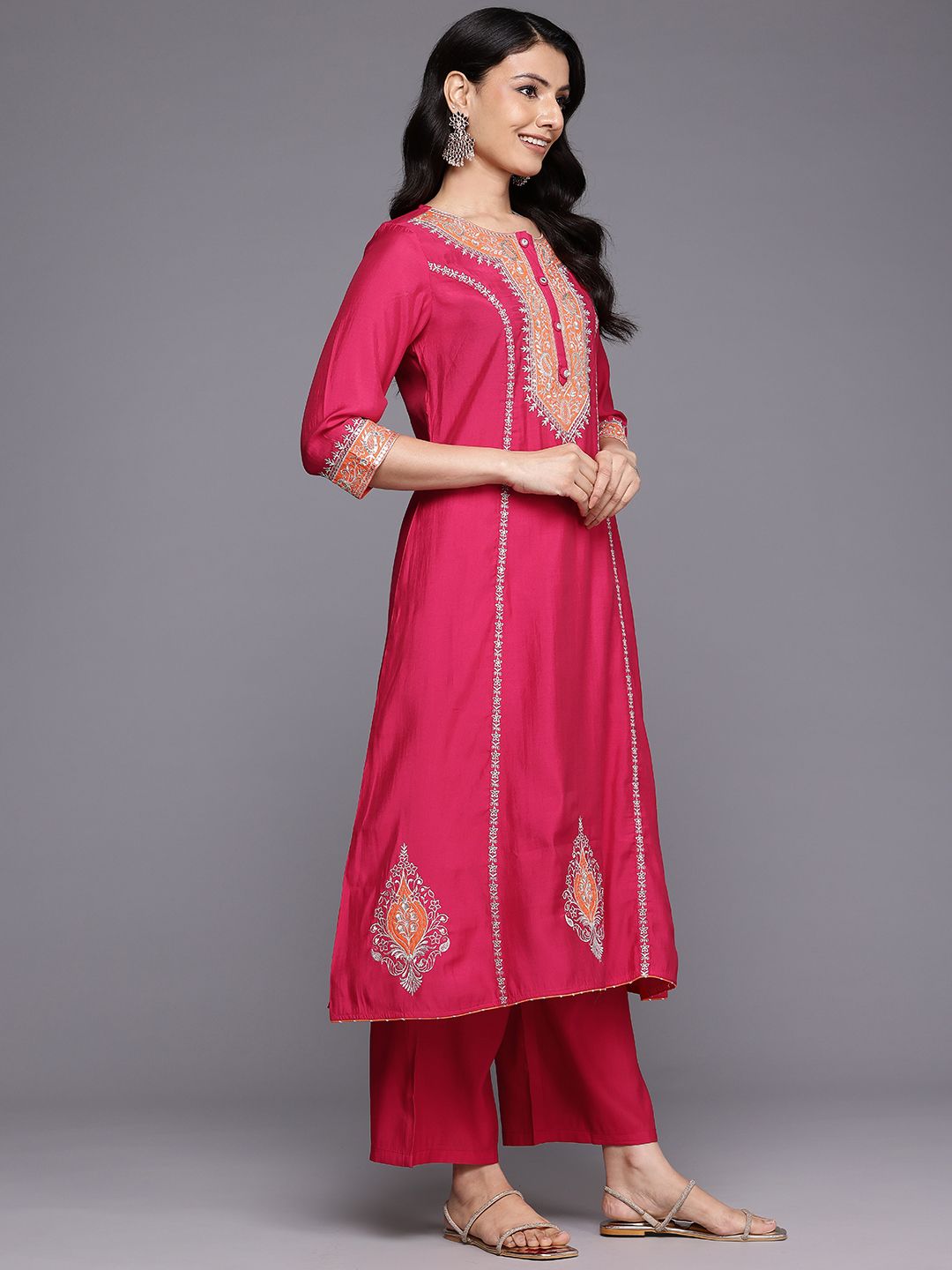 Indyancart VA Ethnic Motifs Embroidered Zari Panelled Kurta With Palazzos & Dupatta