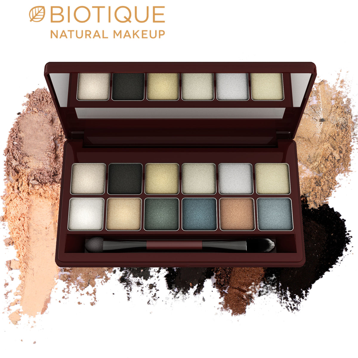 Biotique Diva Palette eye shadow with forest shimmer shades, featuring earthy green and brown tones in a compact palette.