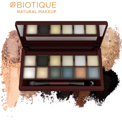 Biotique Diva Palette eye shadow with forest shimmer shades, featuring earthy green and brown tones in a compact palette.
