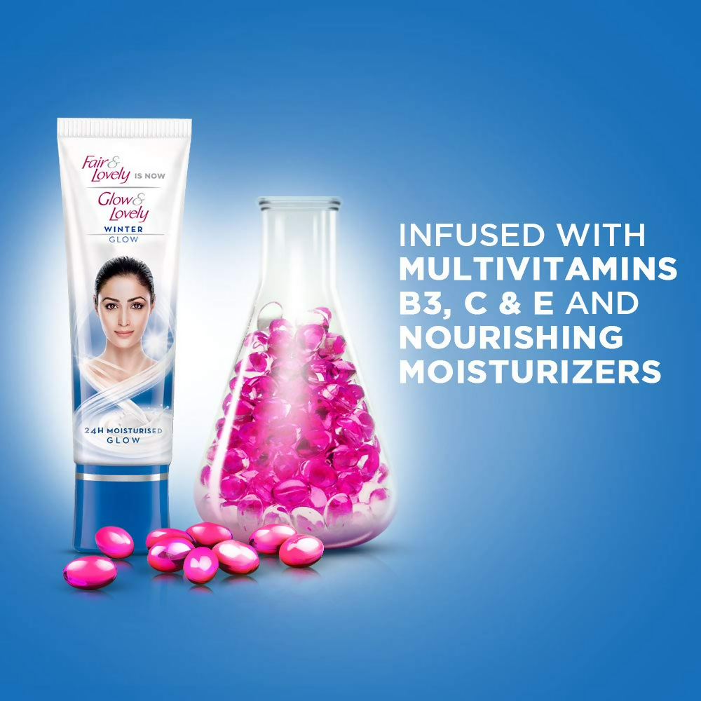 Glow & Lovely Winter Glow Face Cream jar with cream visible, designed to brighten and hydrate winter skin.