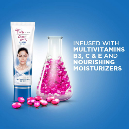 Glow & Lovely Winter Glow Face Cream jar with cream visible, designed to brighten and hydrate winter skin.