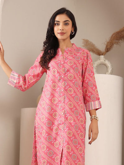 Indyancart VA Women'sBandhani Printed Mandarin Collar Straight Kurta With Trouser
