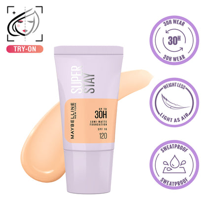 Maybelline New York Super Stay Lumi-Matte Foundation-30Hr Wear-Lightweight-Normal-Dry Skin - 120