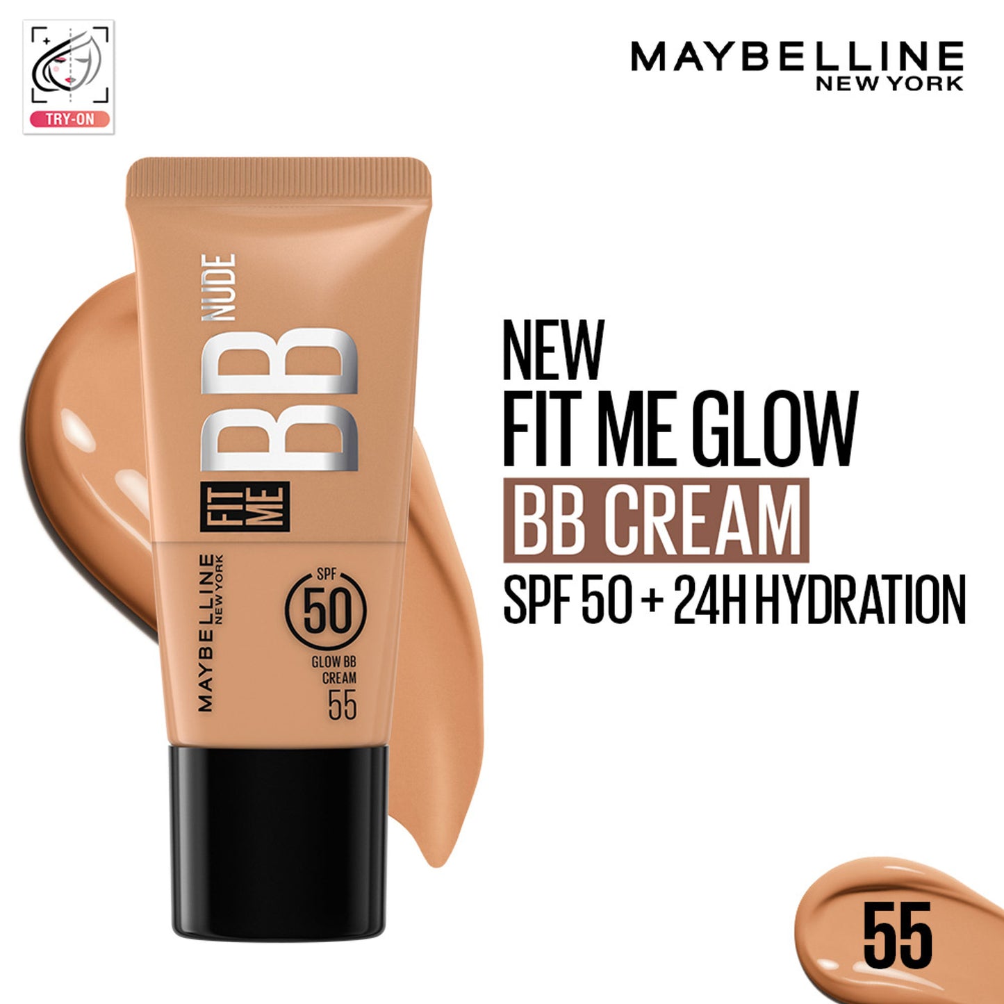 Maybelline New York Fit Me Glow BB Skin Tint, SPF 50, Niacinamide, Normal to Dry Skin - 55