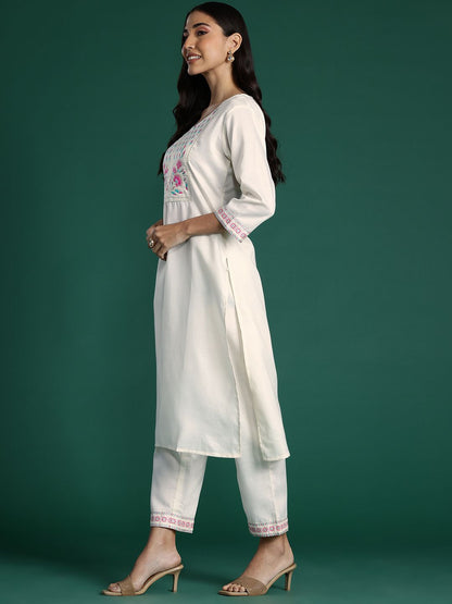 Indyancart IE Yoke Design Zari Pure Cotton Kurta With Trousers & Dupatta