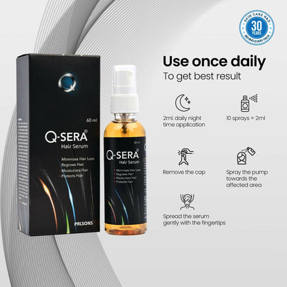 QSERA Hair Serum for Hair Fall Control showing a sleek bottle with dropper applicator, designed for nourishing and strengthening hair.
