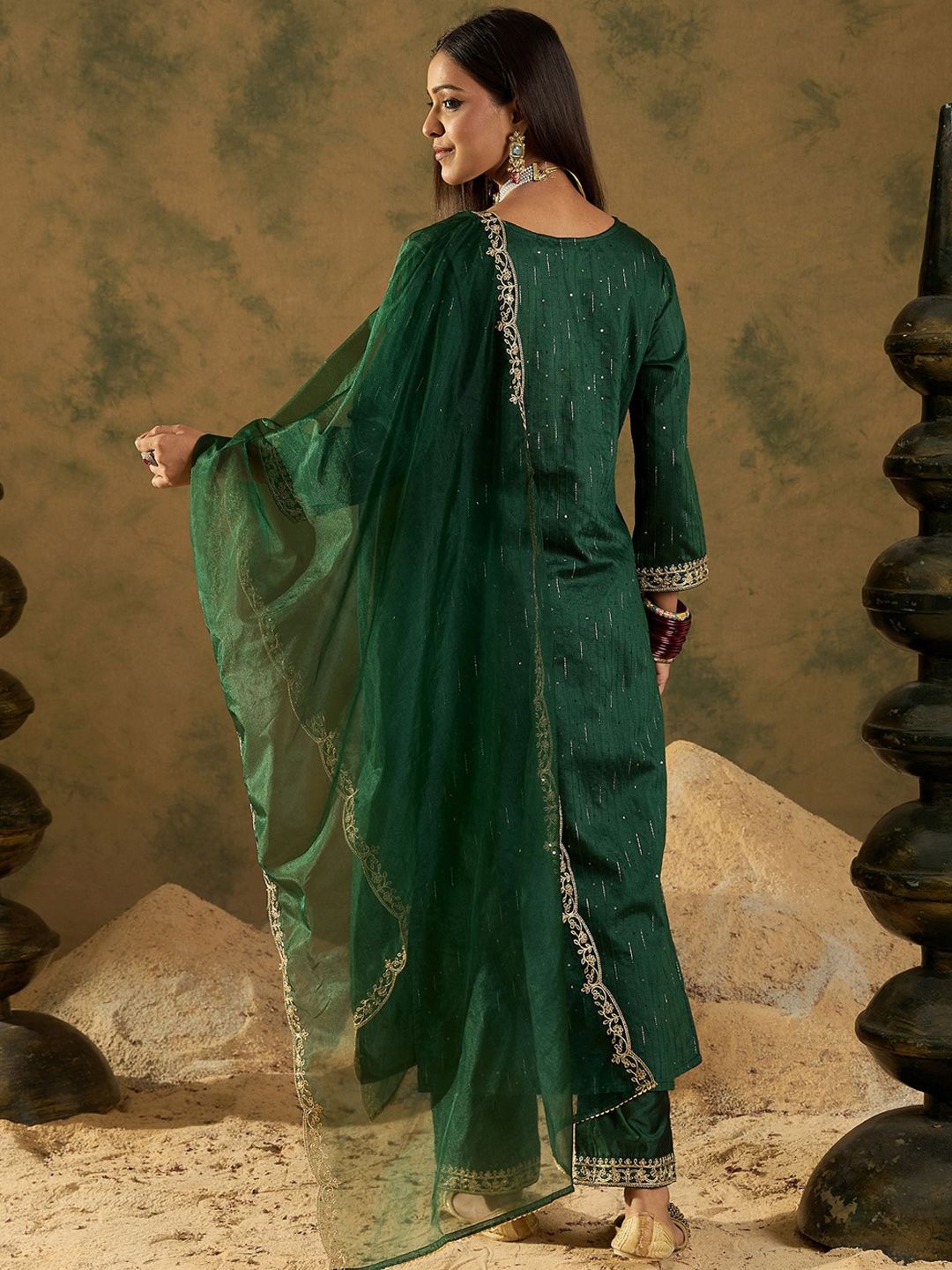 Dhiyona IE Women Ethnic Motifs Embroidered Regular Sequinned Liva Kurta with Trousers & With Dupatta