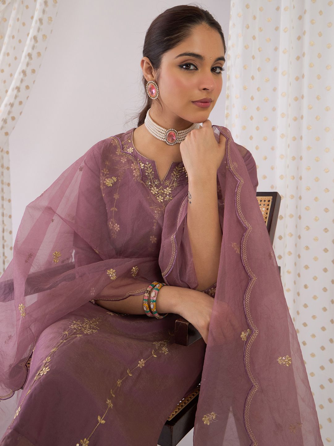 Indyancart IE Floral Embroidered Notch Neck Zari Straight Kurta With Trouser And Dupatta