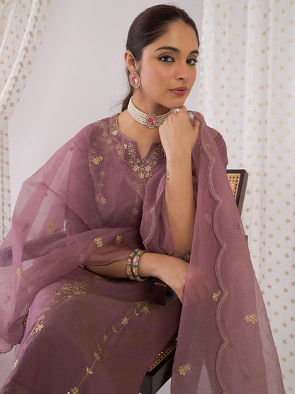 Indyancart IE Floral Embroidered Notch Neck Zari Straight Kurta With Trouser And Dupatta