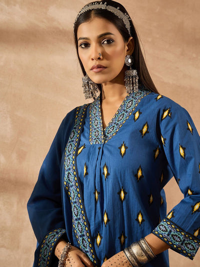 Indyancart IE Women Ethnic Motifs Embroidered Regular Thread Work Pure Cotton Kurta with Trousers & With Dupatta