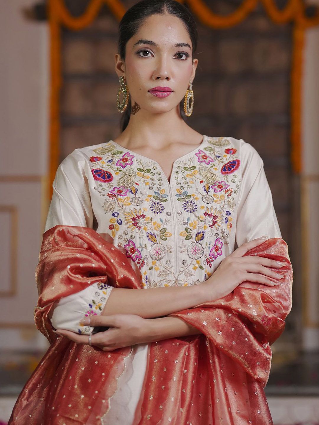 Indyancart IE Floral Embroidered Thread Work Liva Kurta With Trousers & Dupatta