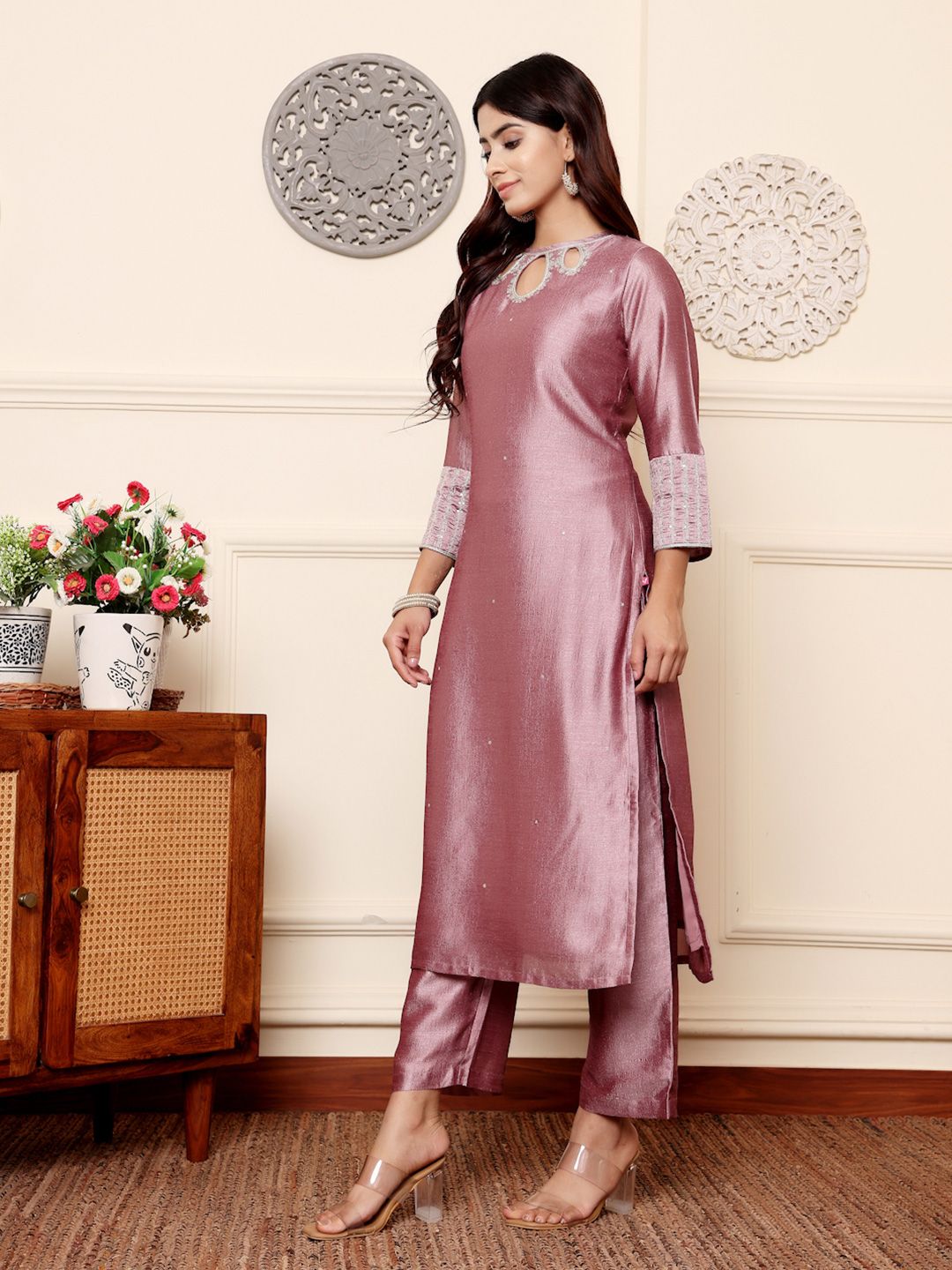 Indyancart VA Women'sLavender Sequinned Straight Kurta with Trousers & Dupatta