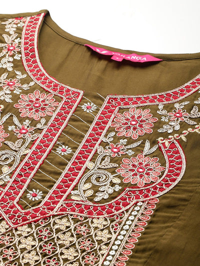 Indyancart VA Women'sFloral Embroidered Zari Panelled Kurta With Palazzos & Dupatta