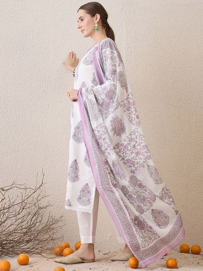 Indyancart IE Floral Printed V-Neck Pure Cotton Sequinned Kurta With Trousers & Dupatta