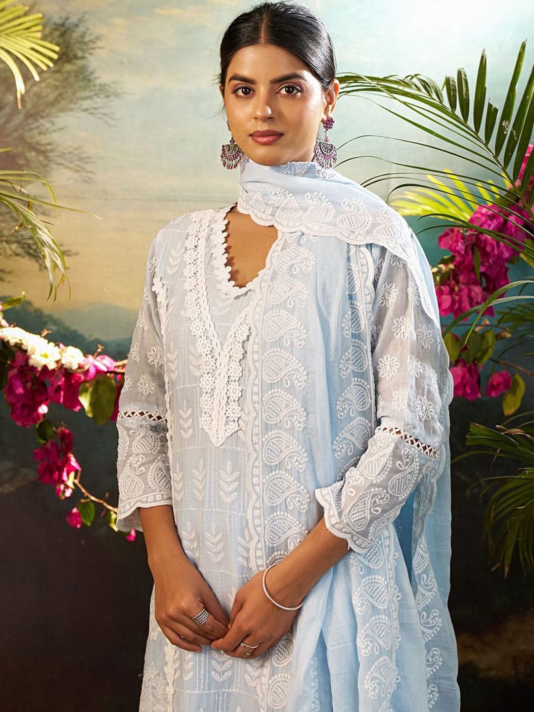 Women Ethnic Motifs Embroidered Cotton Kurta with Trousers & Dupatta