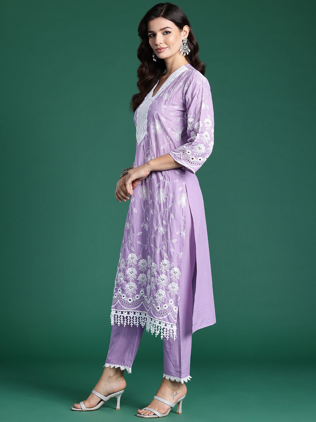 Indyancart IE Floral Embroidered Thread Work Pure Cotton Kurta With Trousers & Dupatta
