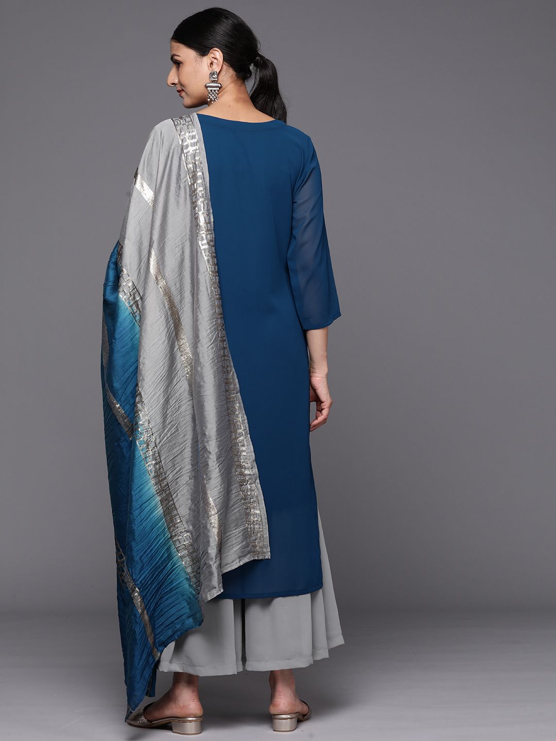 Indyancart VA Women's Grey Embroidered Sequinned Silk Georgette Kurta with Sharara & With Dupatta