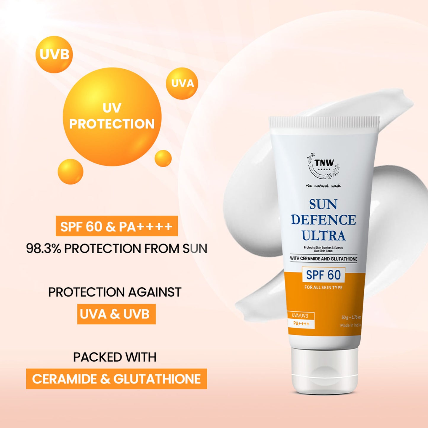 TNW The Natural Wash Sun Defence Sunscreen SPF 60 UVA UVB PA++++ Sunblock Suncream