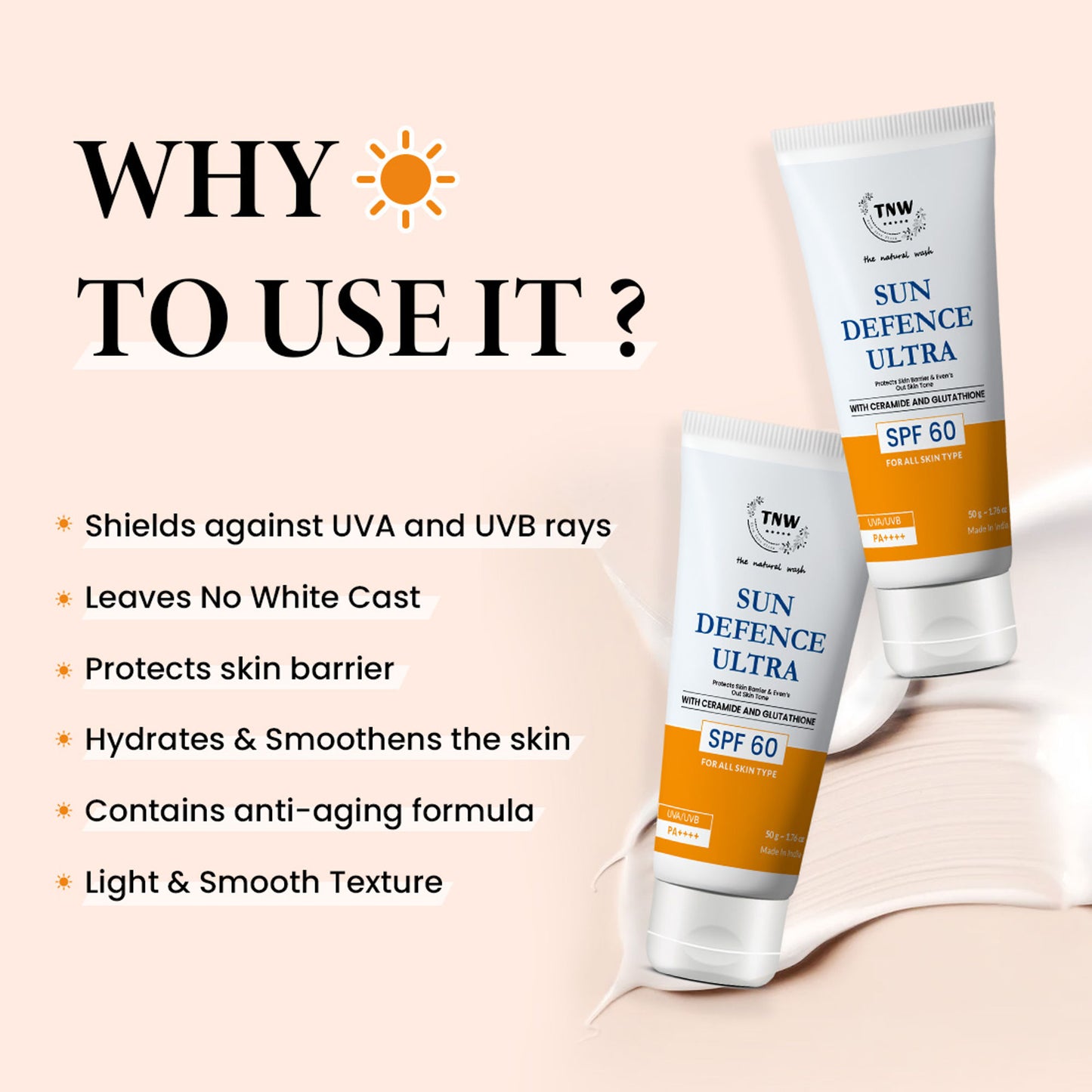 TNW The Natural Wash Sun Defence Sunscreen SPF 60 UVA UVB PA++++ Sunblock Suncream