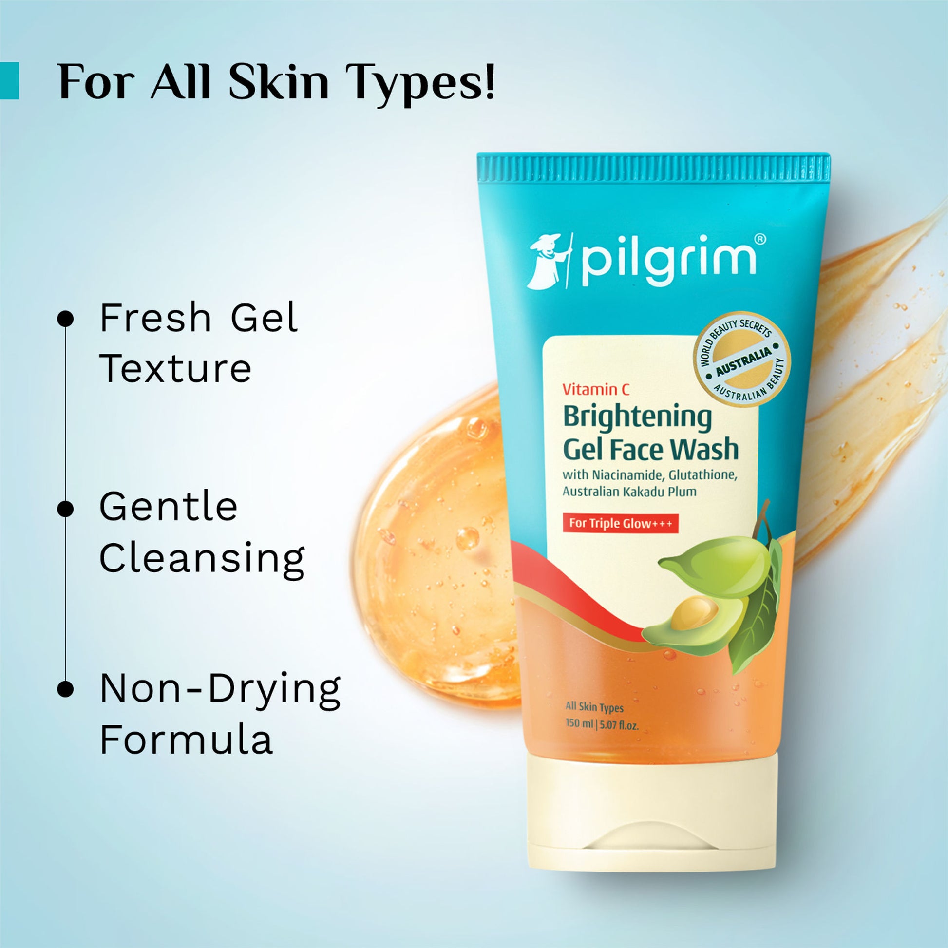 Pilgrim 10% Vitamin C Brightening Gel Face Wash Triple Glow+++ with 5% Niacinamide For Dark Spots