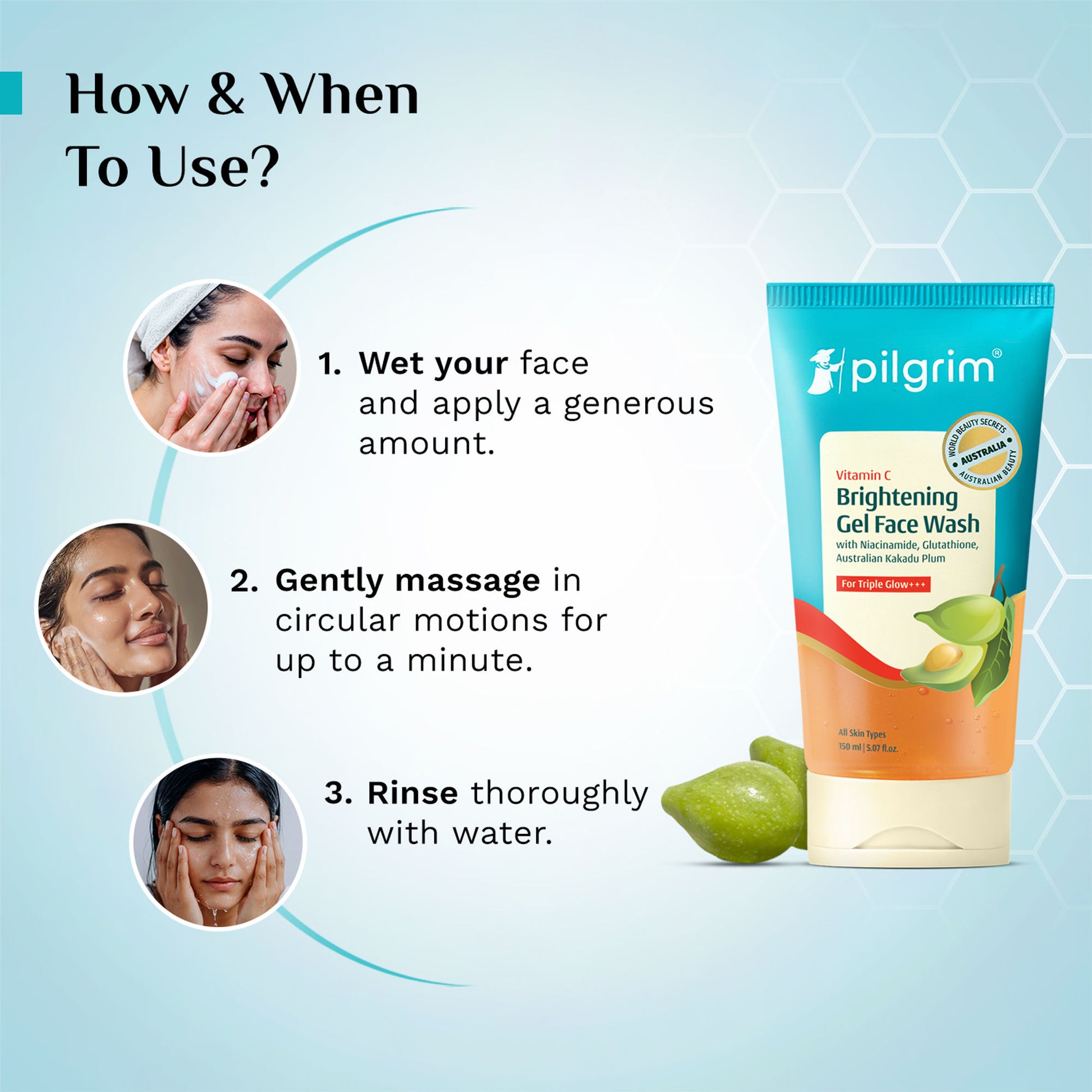 Pilgrim 10% Vitamin C Brightening Gel Face Wash Triple Glow+++ with 5% Niacinamide For Dark Spots