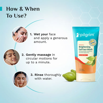 Pilgrim 10% Vitamin C Brightening Gel Face Wash Triple Glow+++ with 5% Niacinamide For Dark Spots