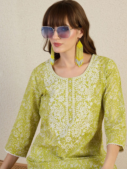 Indyancart IE Embroidered Pure Cotton Round Neck Top With Trousers Co-Ords