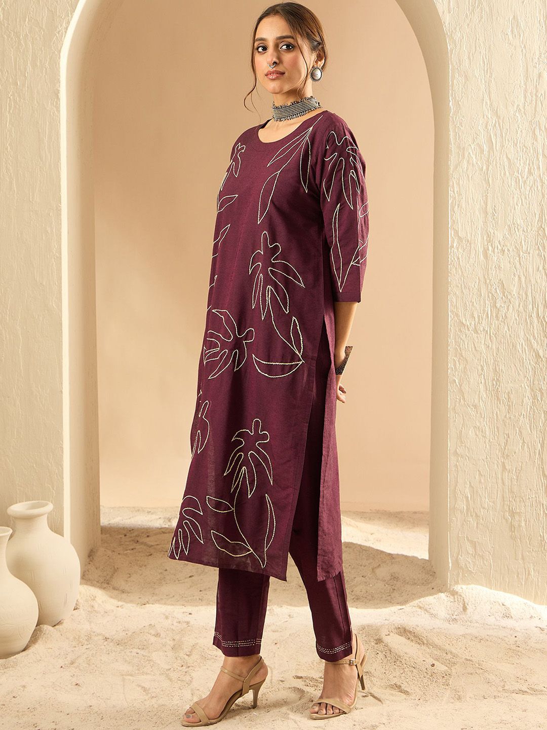 Dhiyona IE Embroidered Three-Quarter Sleeves Pure Cotton Tunic & Trouser