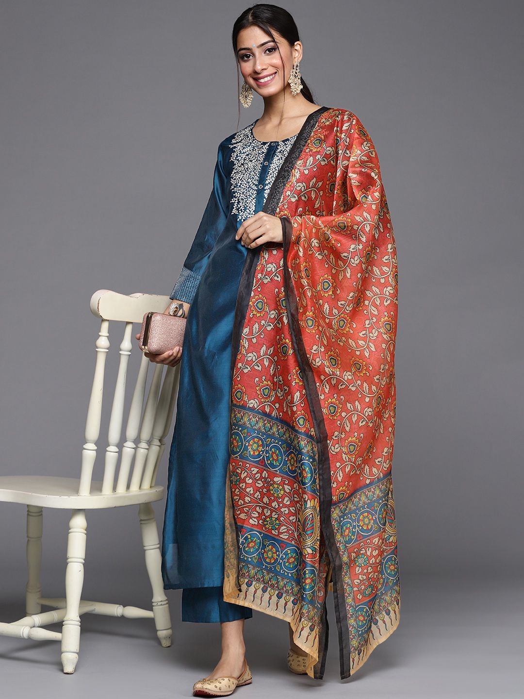 Indyancart VA Women'sYoke Design Zari Work Chanderi Silk Straight Kurta with Trouser & Dupatta