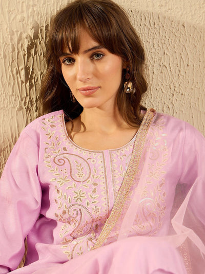 Indyancart IE Women Ethnic Motifs Embroidered Regular Thread Work Liva Kurta with Trousers & With Dupatta