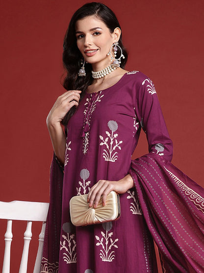 Indyancart IE Floral Printed Pure Cotton Kurta With Trousers & Dupatta