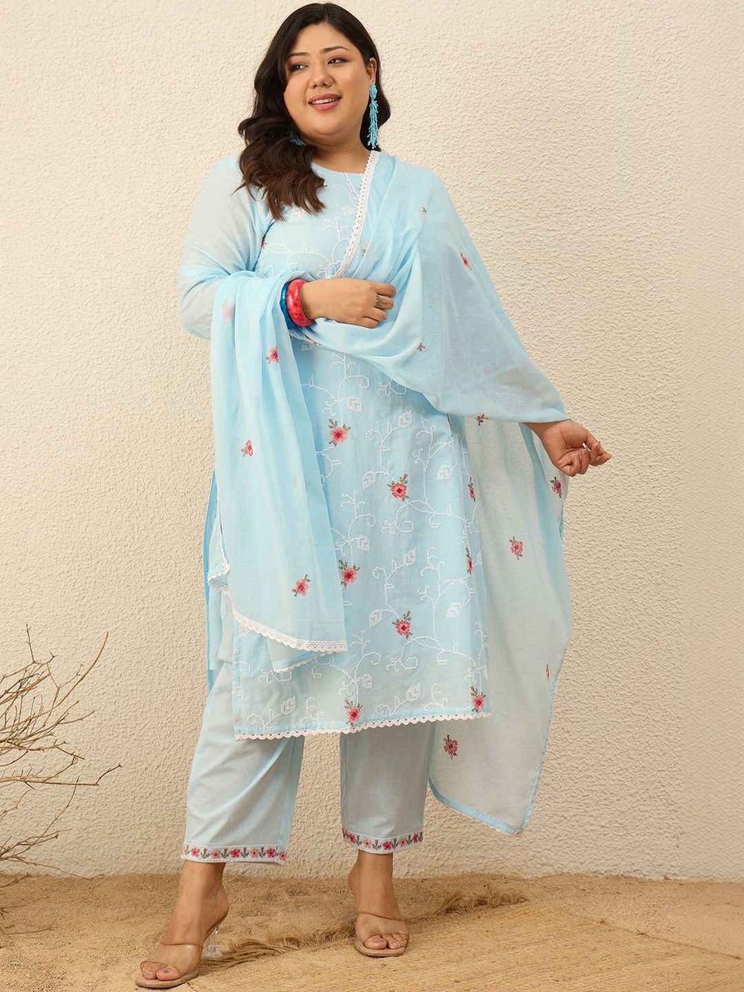 Indyancart Women's Floral Embroidered Regular Thread Work Pure Cotton Kurta with Trousers & With Dupatta