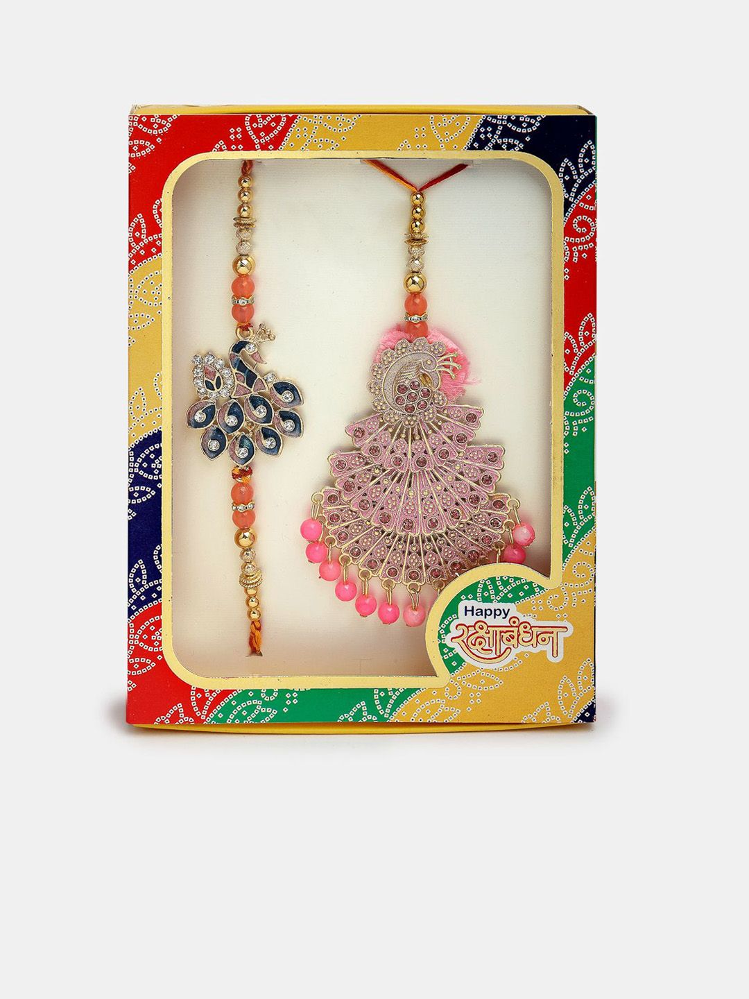 Anouk Unisex Set Of 2 Multicolor Peacock Design Stone & Beaded Bhaiya Bhabhi Rakhi