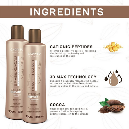 Cadiveu Brasil Cacau Extreme Repair Shampoo and Conditioner set with smooth, shiny hair in a salon setting.