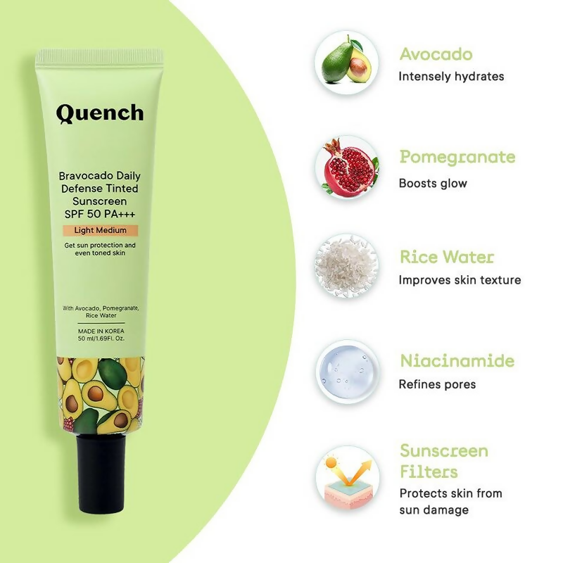 Quench Vitamin E Tinted SPF 50 Sunscreen PA+++ with mineral and chemical actives, in light medium shade, showcasing the tinted formula.