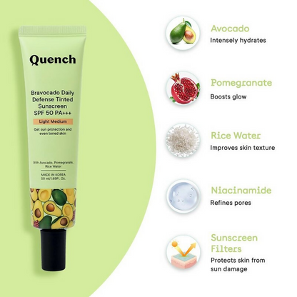 Quench Vitamin E Tinted SPF 50 Sunscreen PA+++ with mineral and chemical actives, in light medium shade, showcasing the tinted formula.