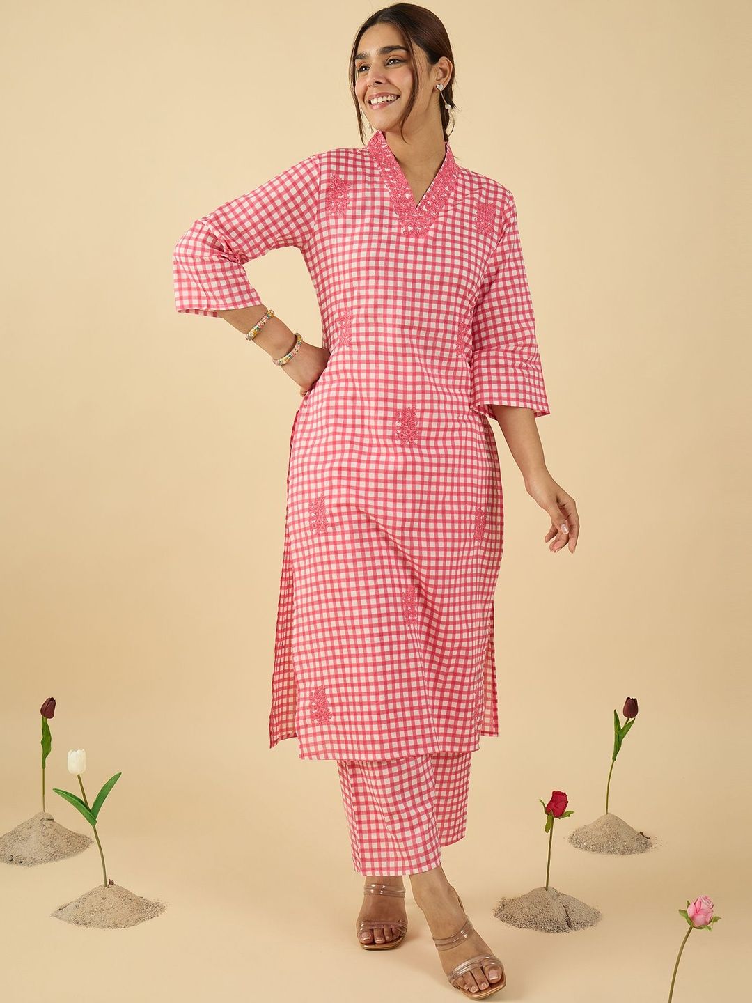 Women Checked Regular Thread Work Pure Cotton Kurta With Trousers