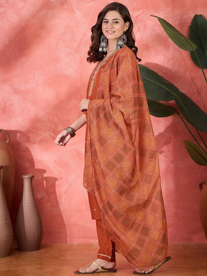 Indyancart SN Women's Floral Embroidered Kurta with Trousers & Dupatta