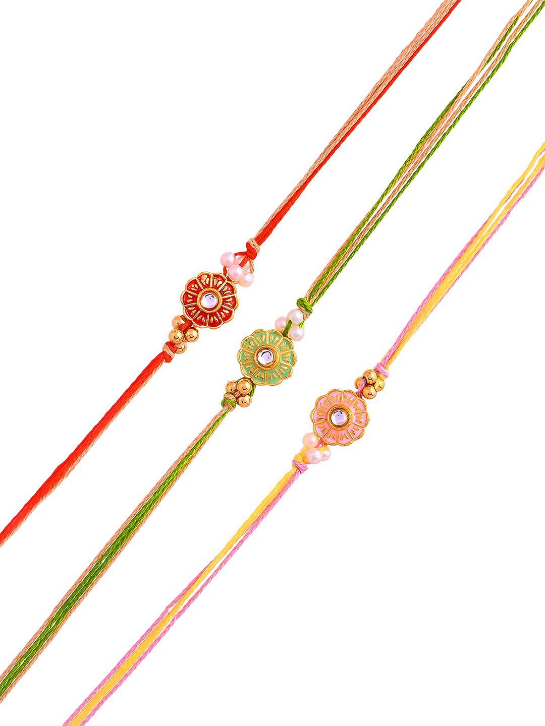 Anouk Red Set of 3 Kundan-Studded & Beaded Thread Rakhi