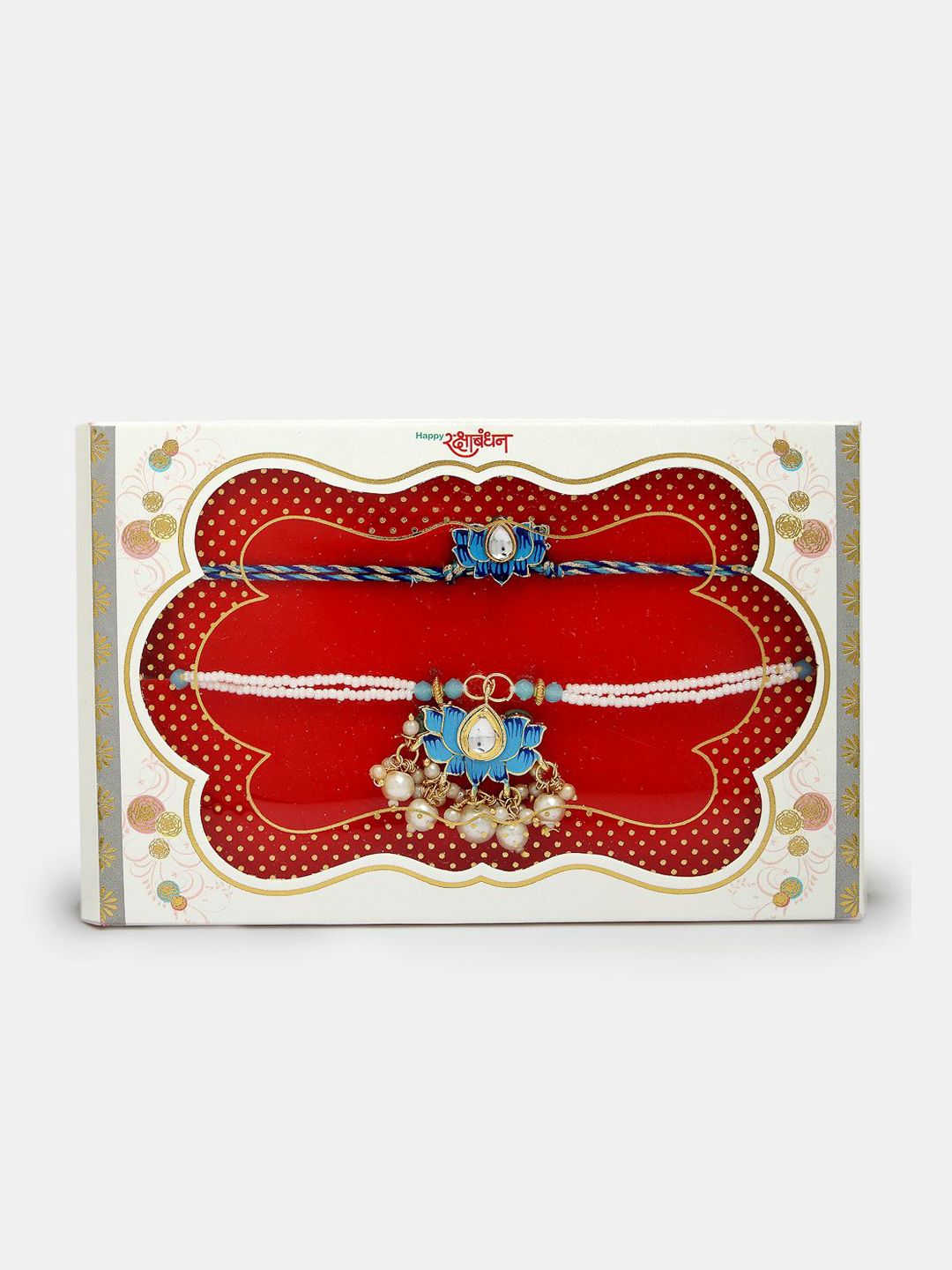 Anouk Unisex Set Of 2 Blue Lotus Shape Kundan-Studded & Beaded Wraparound Rakhi Set