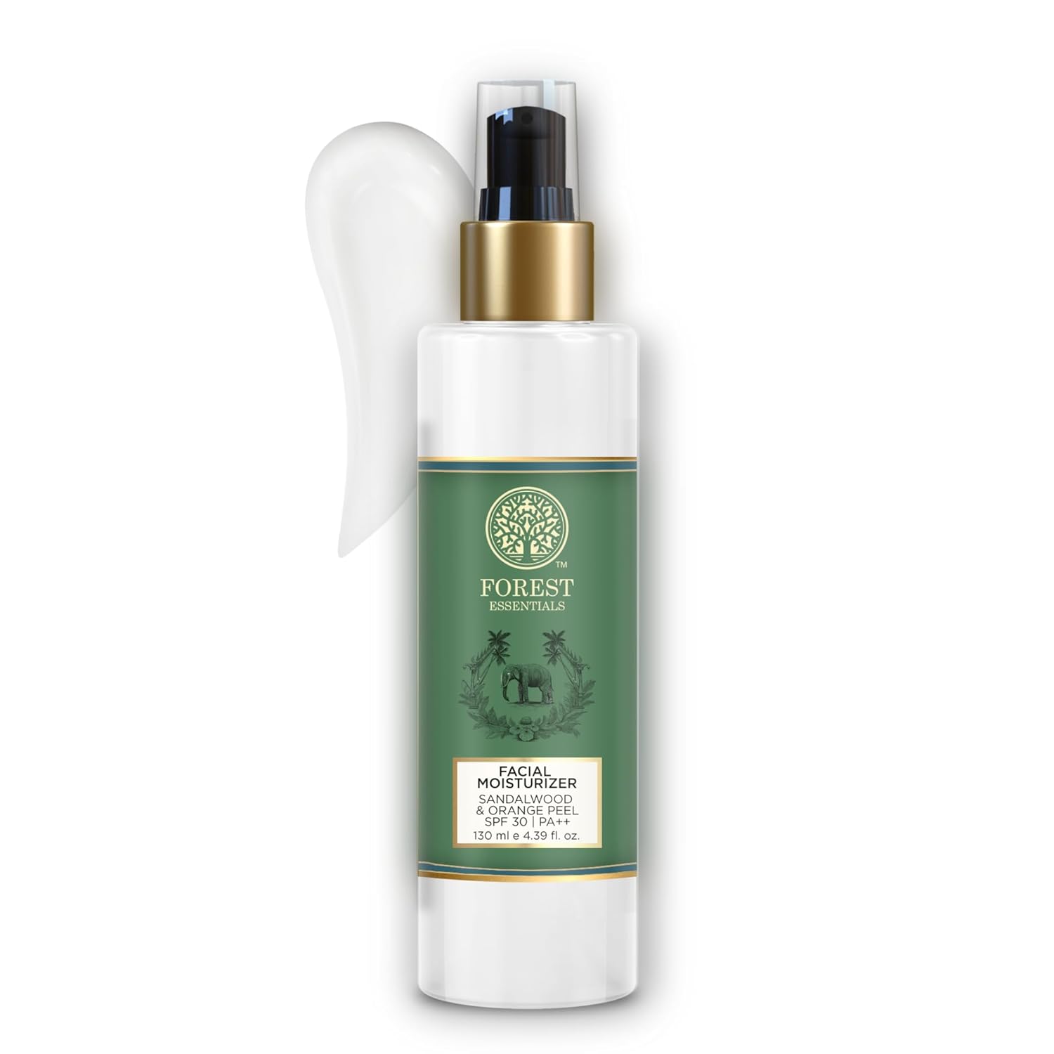 Forest Essentials Hydrating Facial Moisturizer with SPF 25, sandalwood and orange peel, shown in a sleek tube with a pump dispenser.