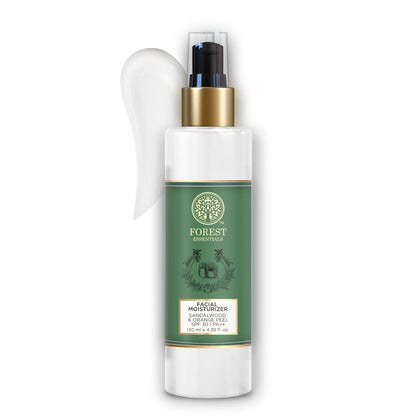Forest Essentials Hydrating Facial Moisturizer with SPF 25, sandalwood and orange peel, shown in a sleek tube with a pump dispenser.