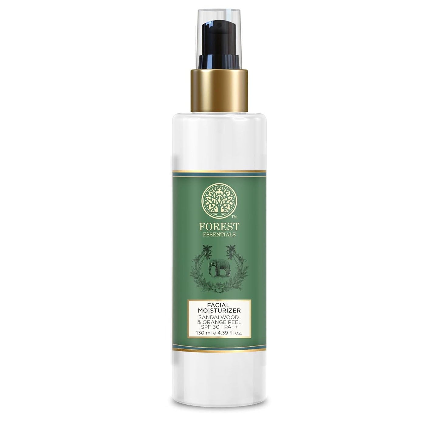 Forest Essentials Hydrating Facial Moisturizer with SPF 25, sandalwood and orange peel, in a white jar with a screw lid.