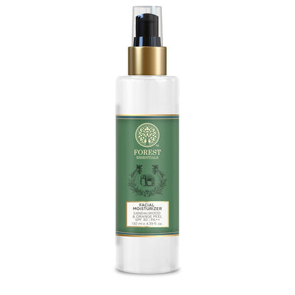 Forest Essentials Hydrating Facial Moisturizer with SPF 25, sandalwood and orange peel, in a white jar with a screw lid.