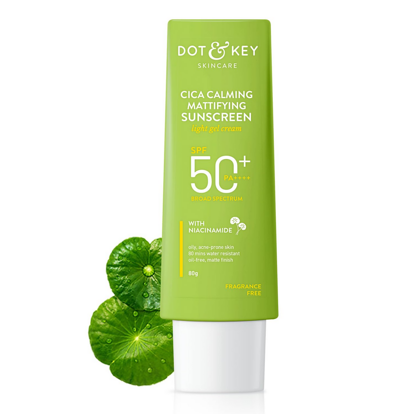 Dot & Key CICA Calming Sunscreen SPF 50, a lightweight, mattifying sunscreen for oily, acne-prone, and sensitive skin.