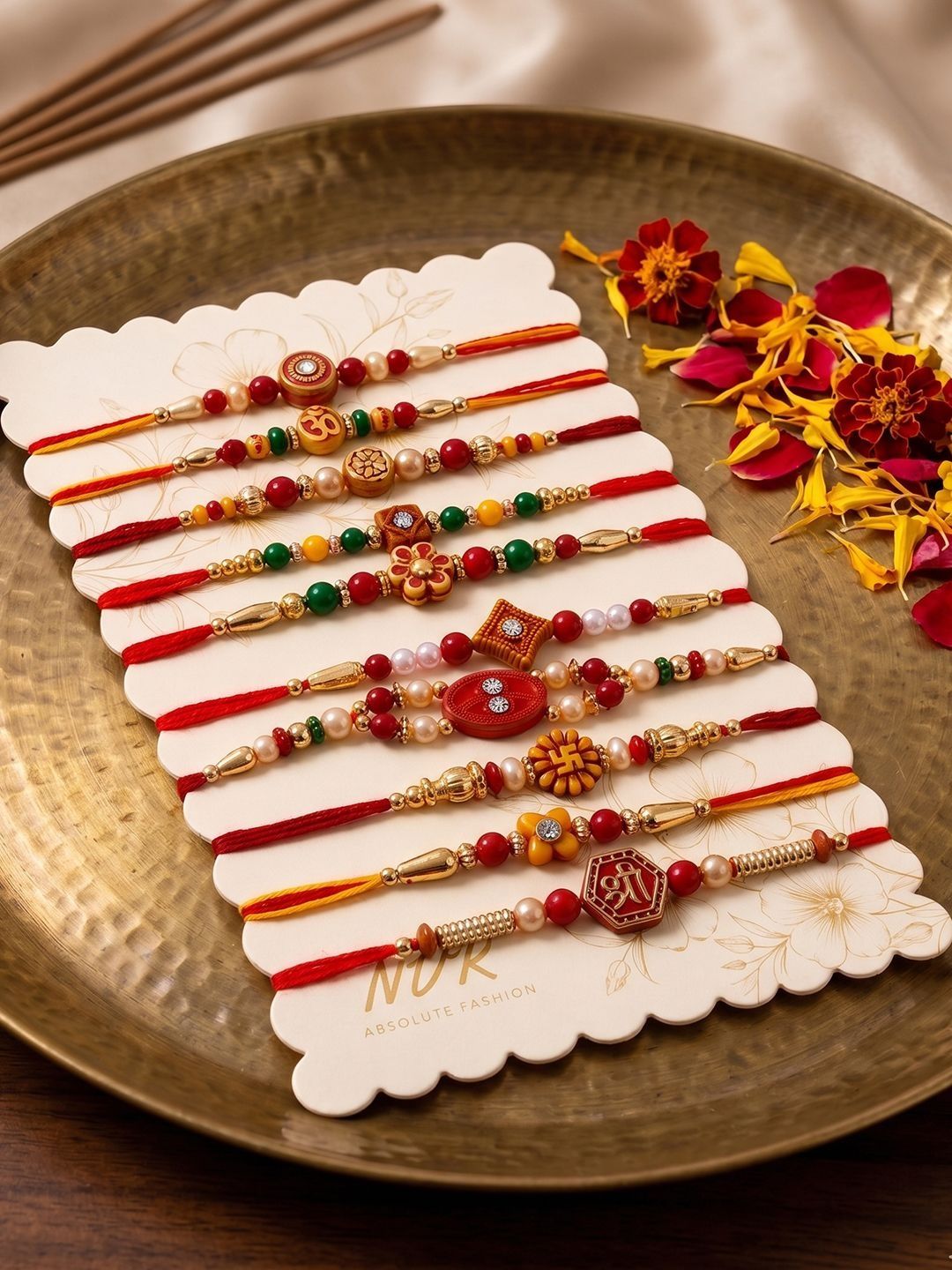 Anouk Set Of 10 Artificial Stones & Beads Thread Rakhi With Roli Chawal Chandan Mishri